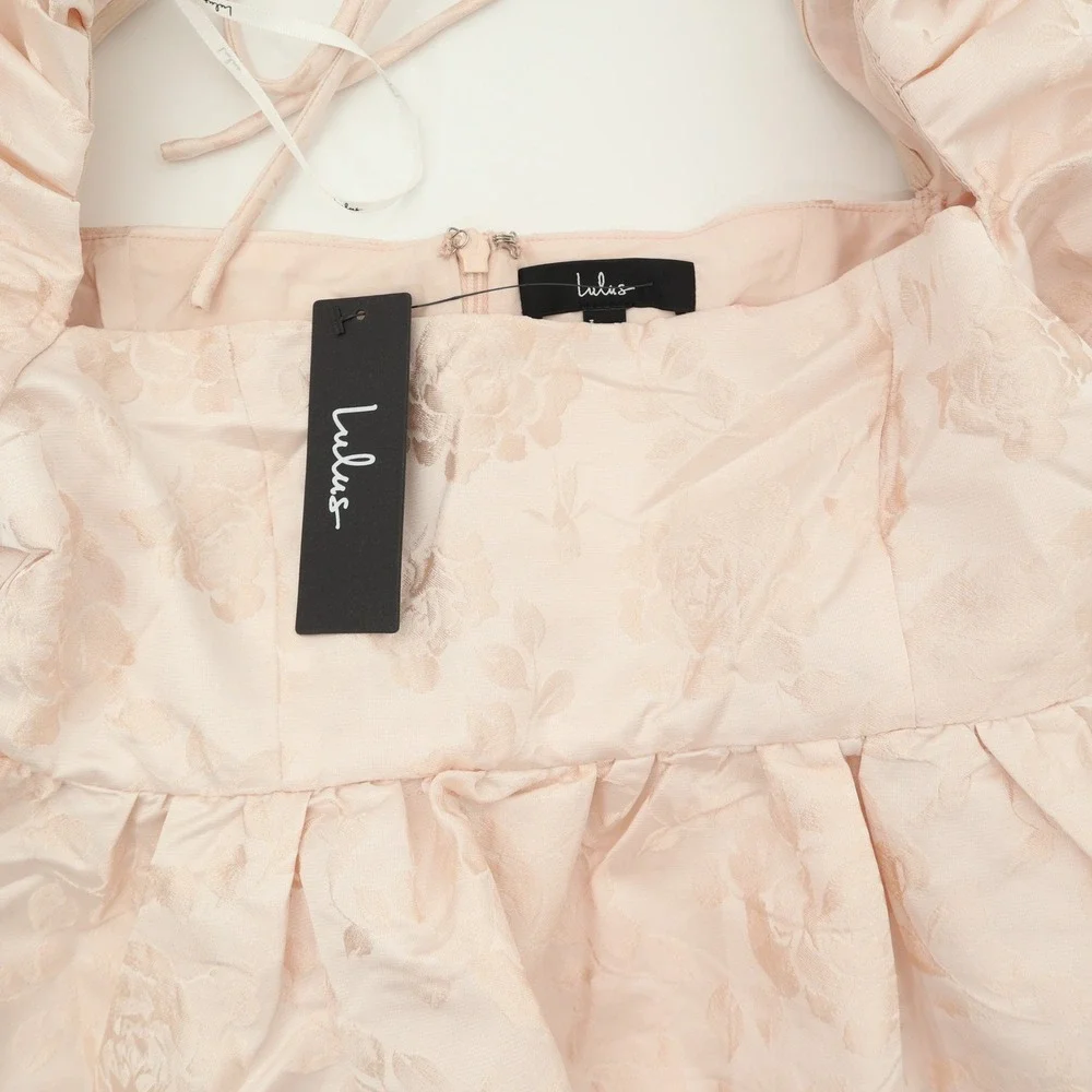 Lulus Pink Floral Jacquard Puff Sleeve Square Neck Tie Back Mini Dress NWT - Picture 3 of 11